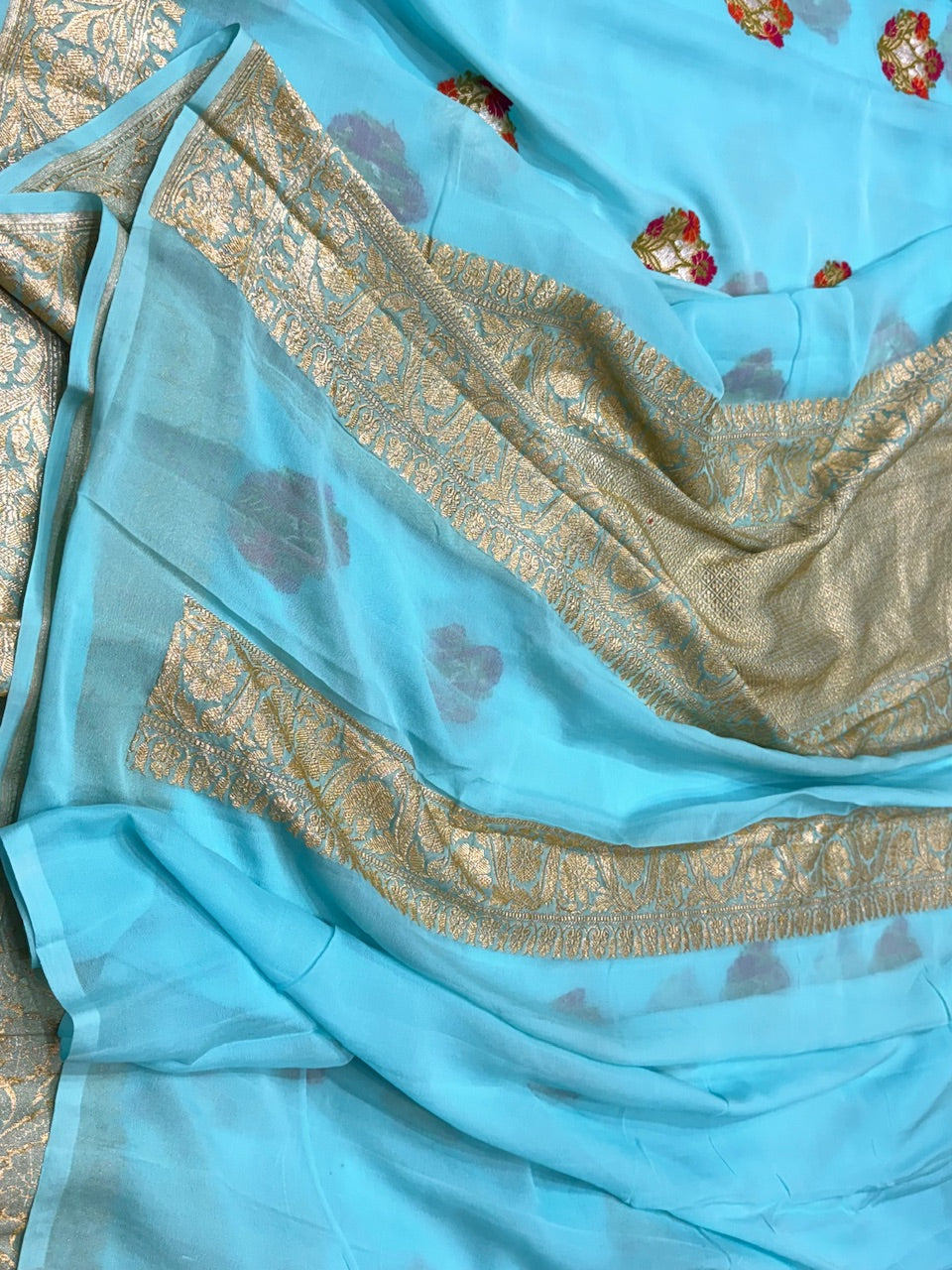 Sky Blue Minakari Pure Chiffon Georgette Saree