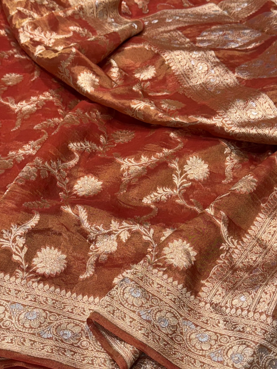 Burnt Orange Tissue Silk Saree