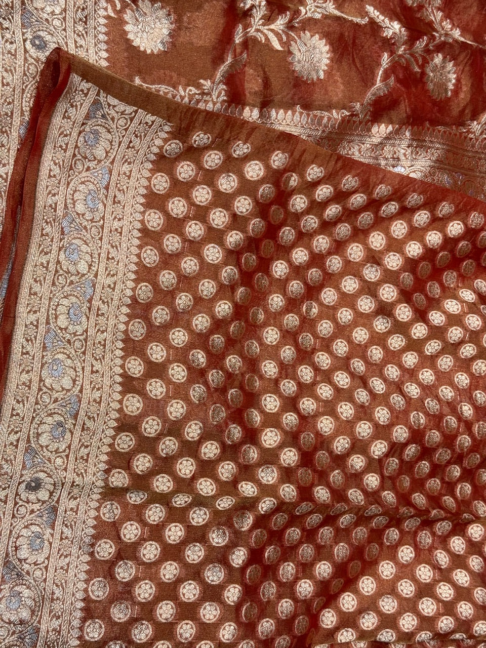 Burnt Orange Tissue Silk Saree