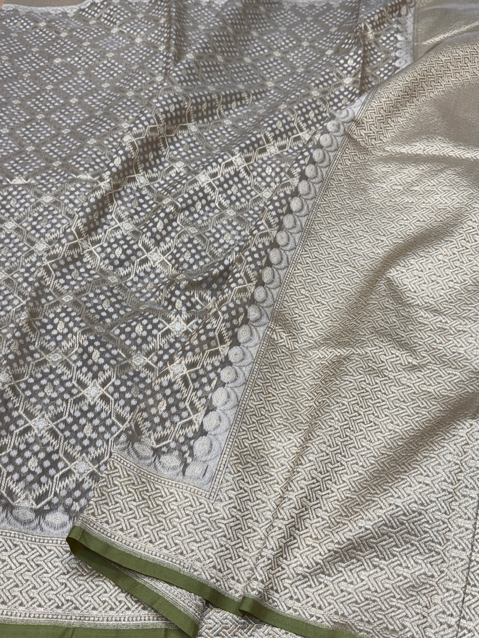 Olive Green Banarasi Pure Cotton Saree