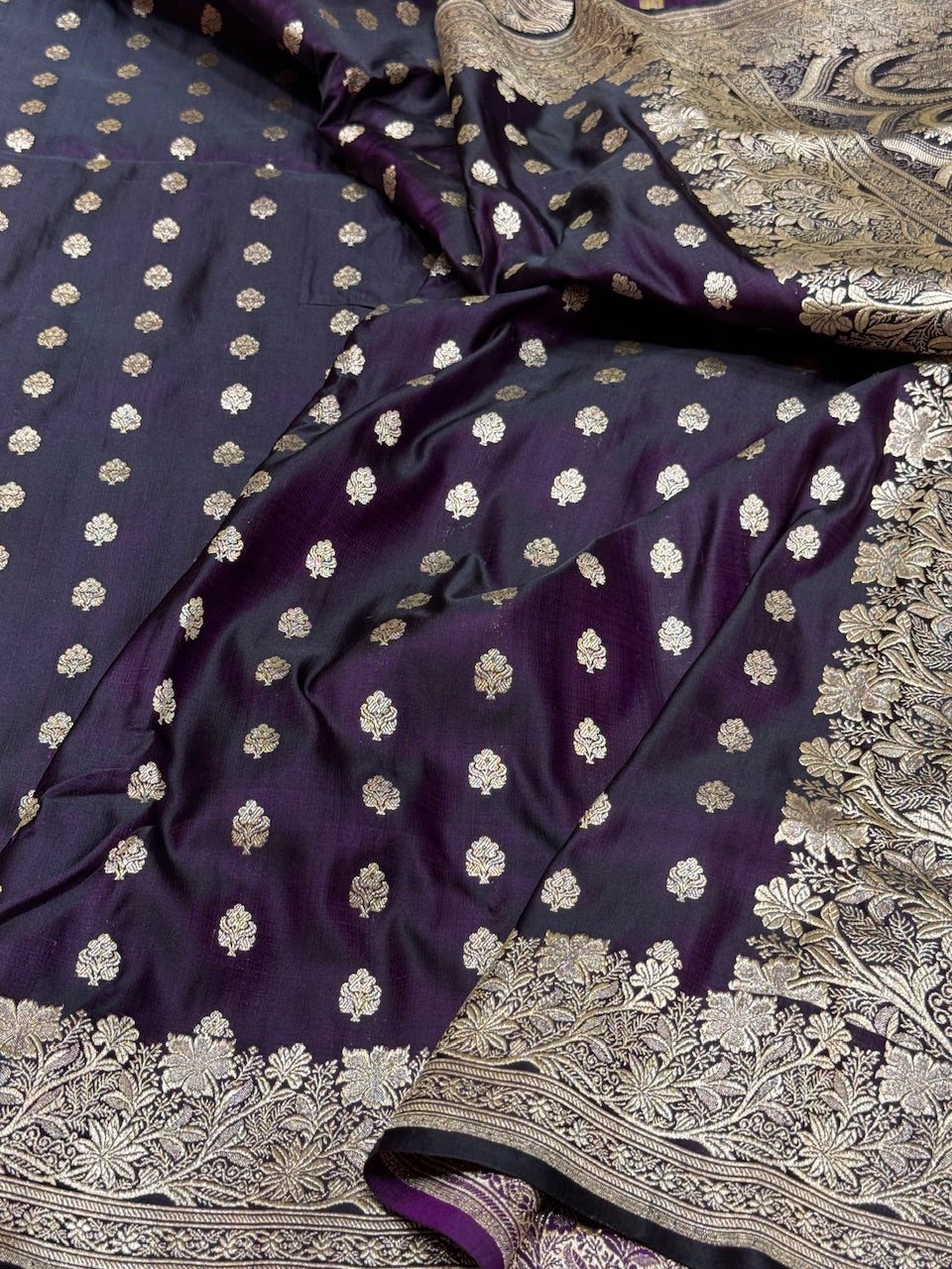 Wine Handwoven Vintage Pure Banarasi Satin Silk Saree