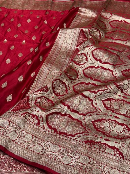 Red Handwoven Vintage Pure Banarasi Satin Silk Saree