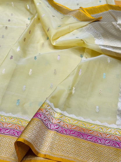 Lemon Yellow Handwoven Pure Banarasi Organza Saree