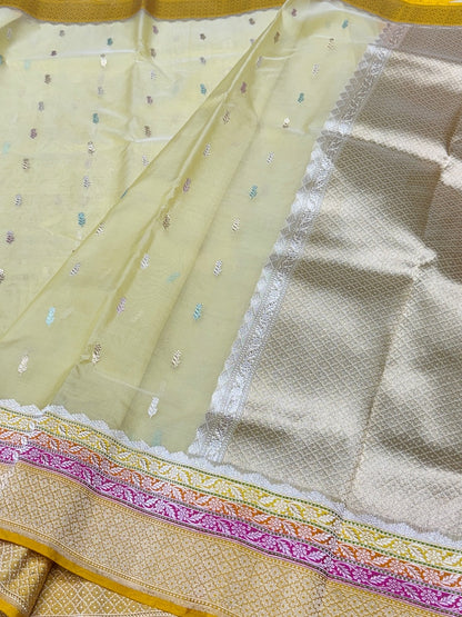 Lemon Yellow Handwoven Pure Banarasi Organza Saree