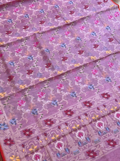 Pastel Pink Pure Kora Jamdani Saree