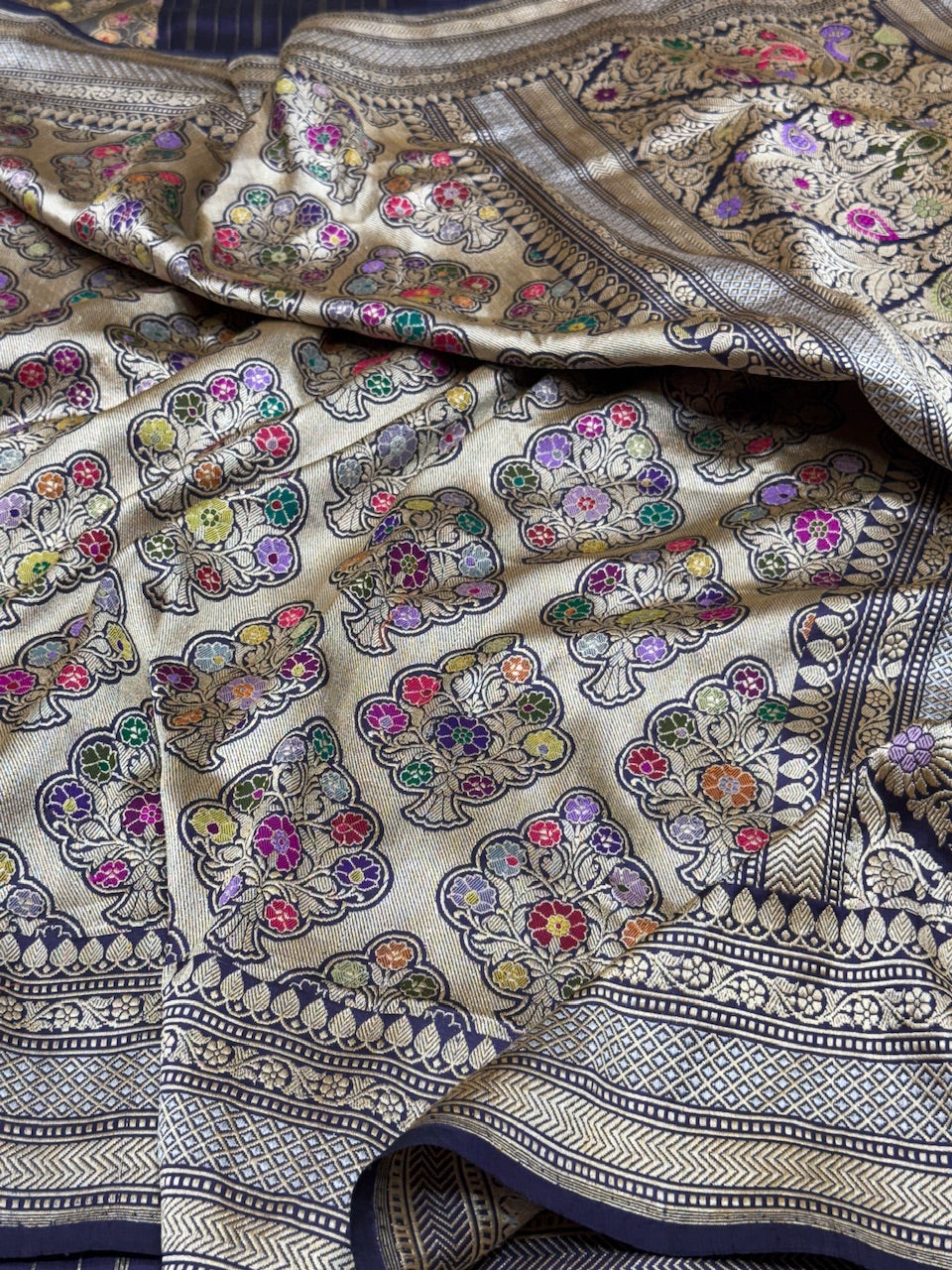 Navy Blue Handwoven Pure Silk Brocade Saree