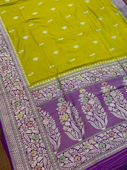 Mehndi Yellow Ektara Handwoven Pure Banarasi Silk Saree