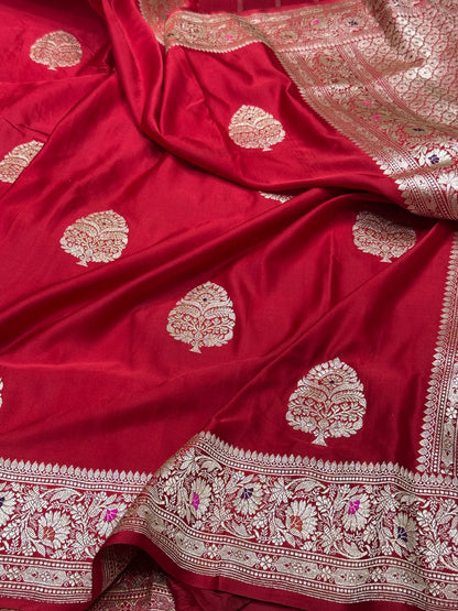 Red Handwoven Vintage Pure Banarasi Satin Silk Saree