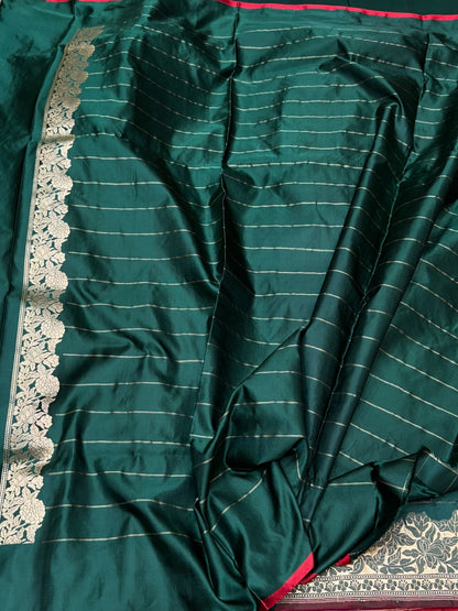 Bottle Green Handwoven Banarasi Mashru Satin Silk Saree