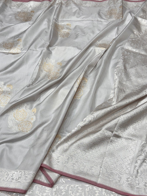 Ash Grey Ektara Handwoven Pure Banarasi Silk Saree
