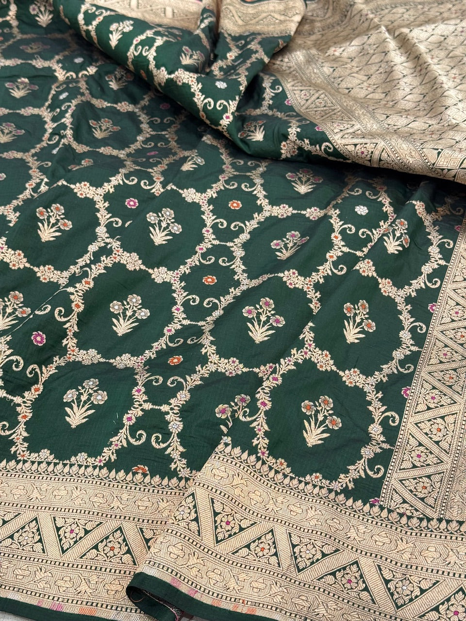 Bottle Green Minakari Pure Silk Saree