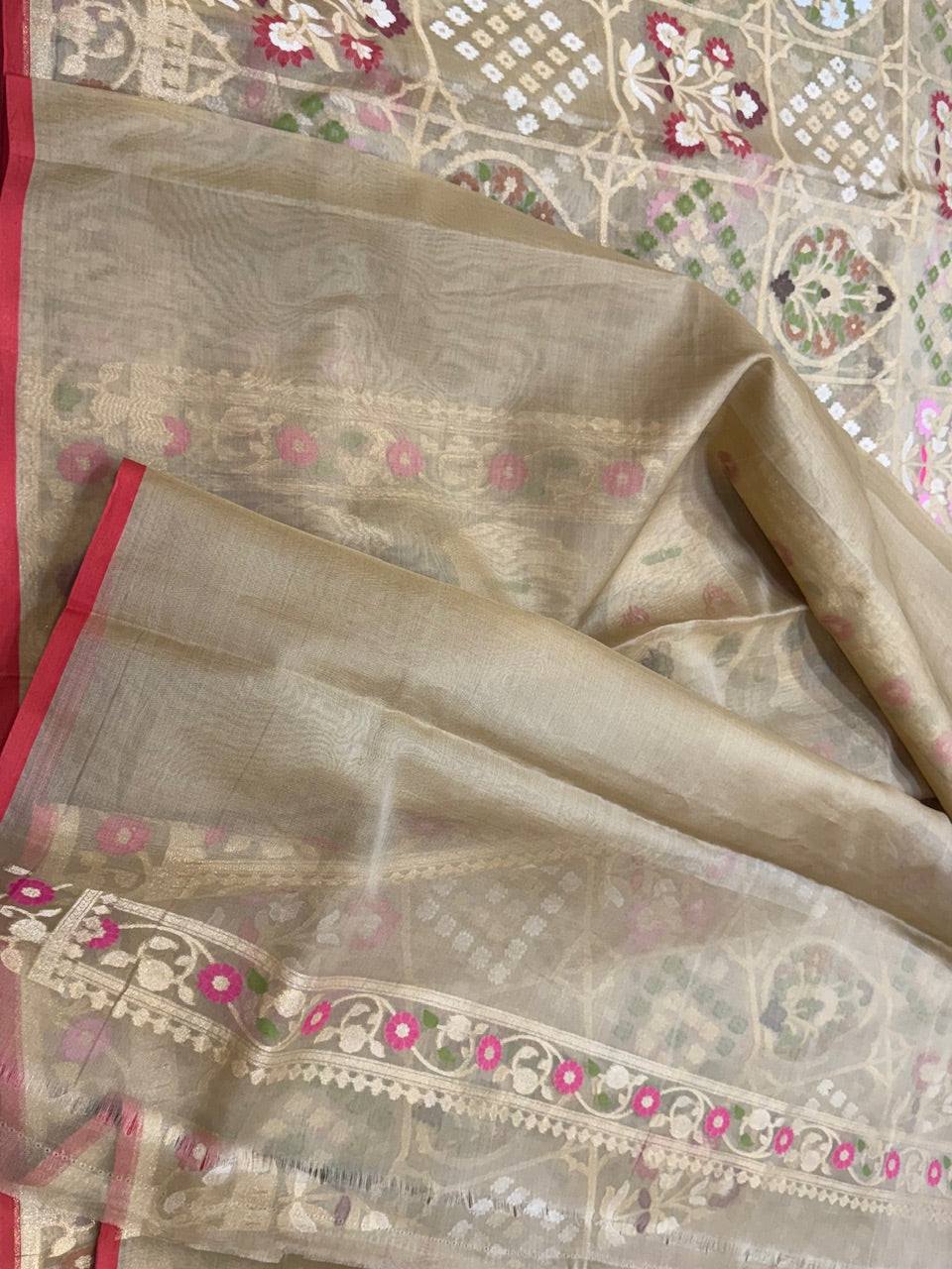 Beige Organza Jamdani Saree