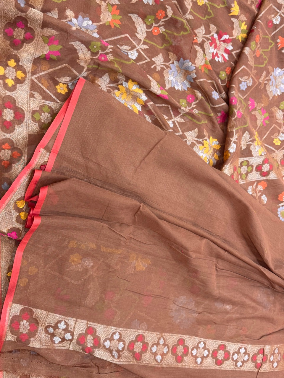 Brown Pure Muslin Cotton Jamdani Saree