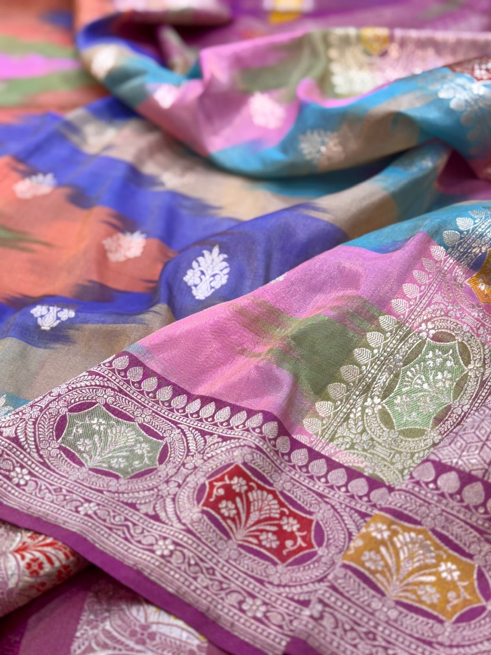 Rani Pink Rainbow Handwoven Pure Tissue Saree