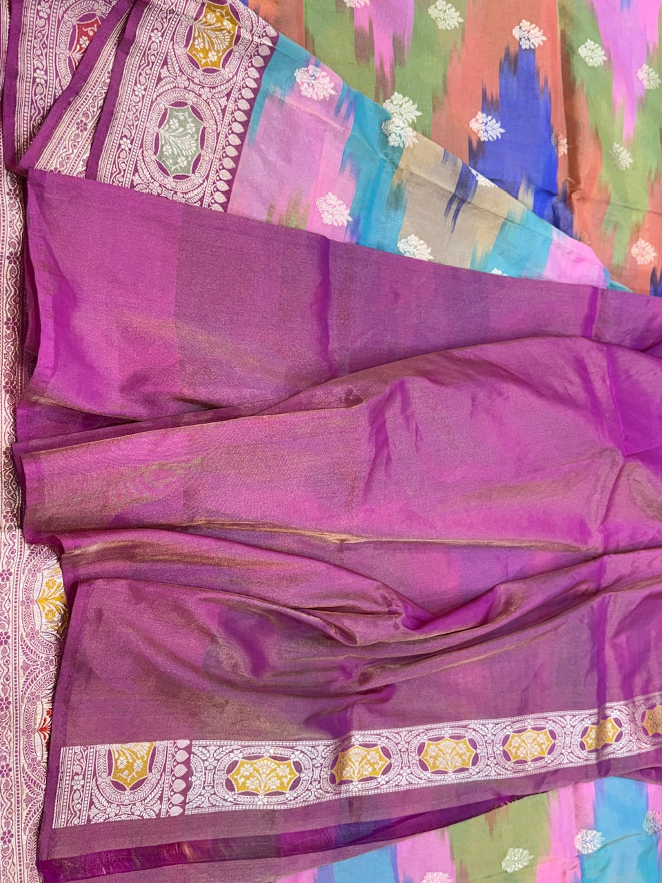 Rani Pink Rainbow Handwoven Pure Tissue Saree