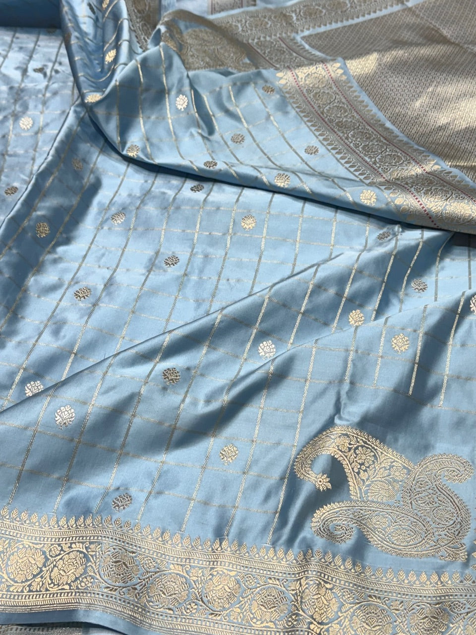 Ocean Blue Handwoven Satin Silk Saree