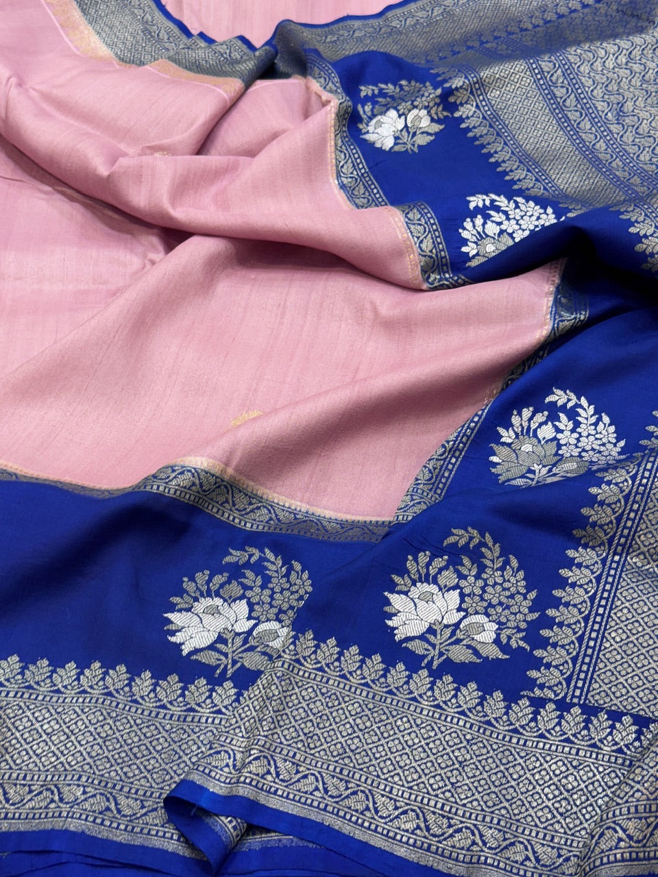 Gajiri Pink/ Royal Blue Handwoven Katan Georgette Saree