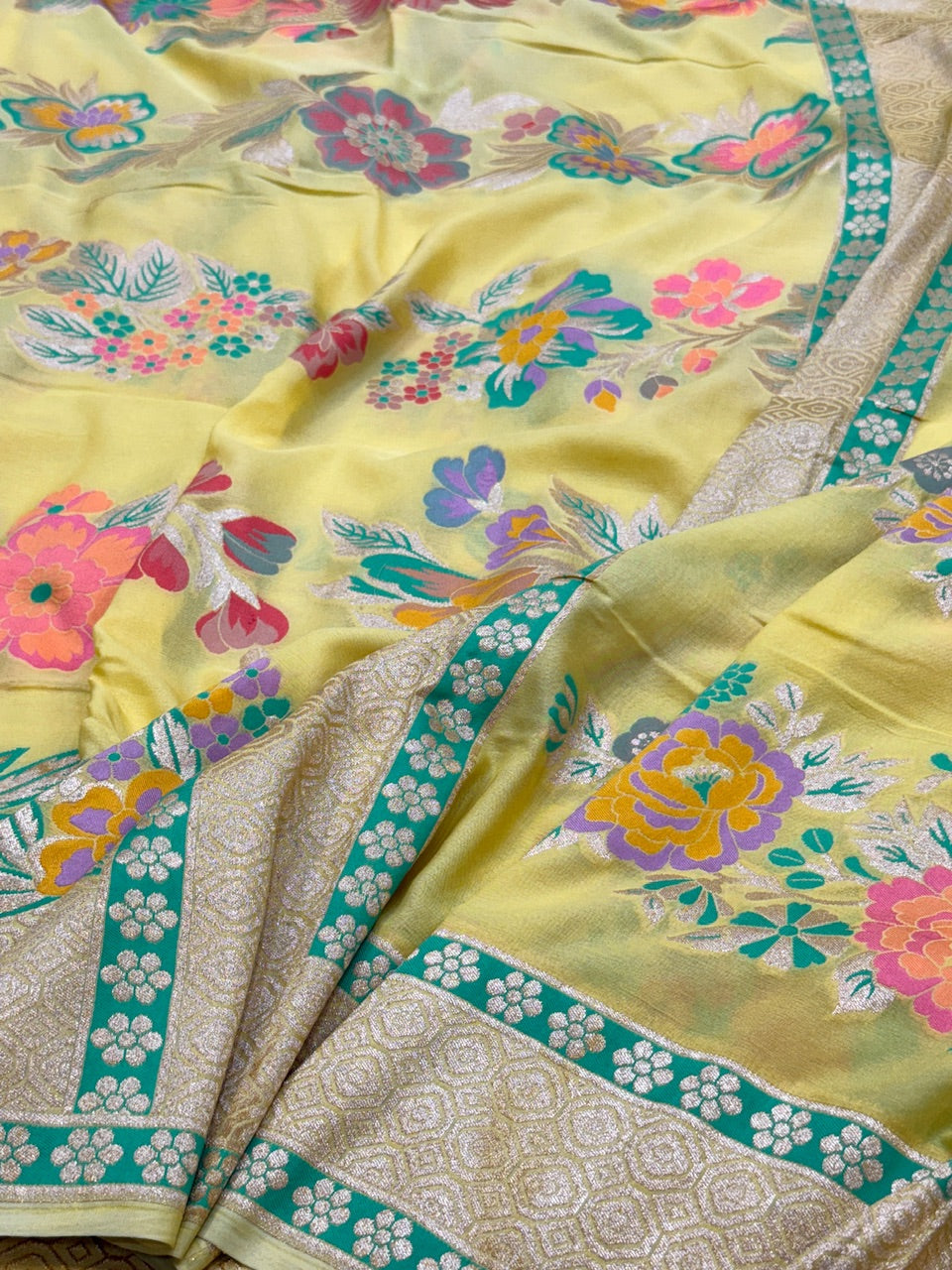 Lemon Yellow Pure Chiffon Georgette Saree