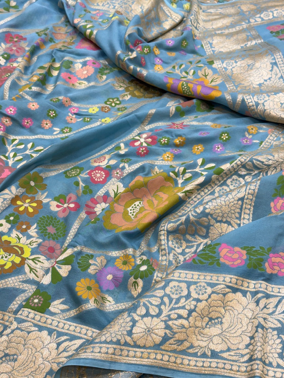 Powder Blue Pure Chiffon Georgette Saree