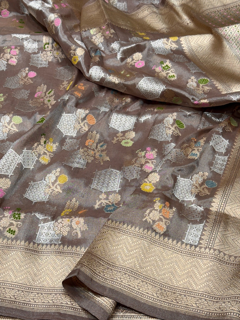 Brown Handwoven Pure Katan Tissue Saree