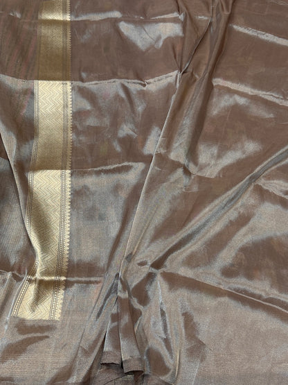 Brown Handwoven Pure Katan Tissue Saree