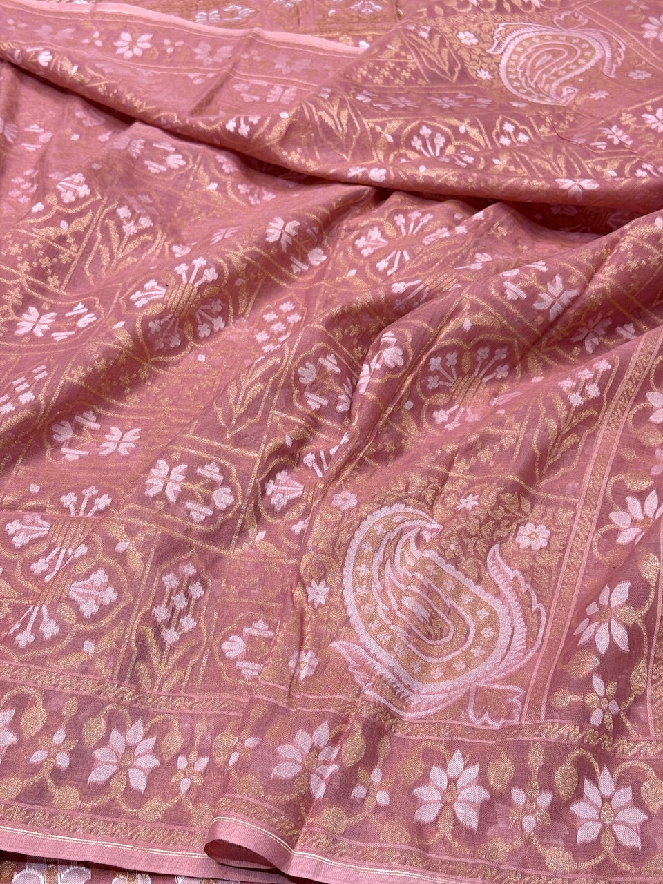 Peach Pure Muslin Cotton Jamdani Saree