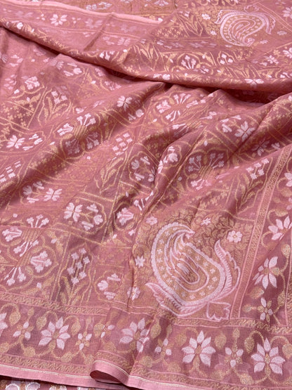 Peach Pure Muslin Cotton Jamdani Saree