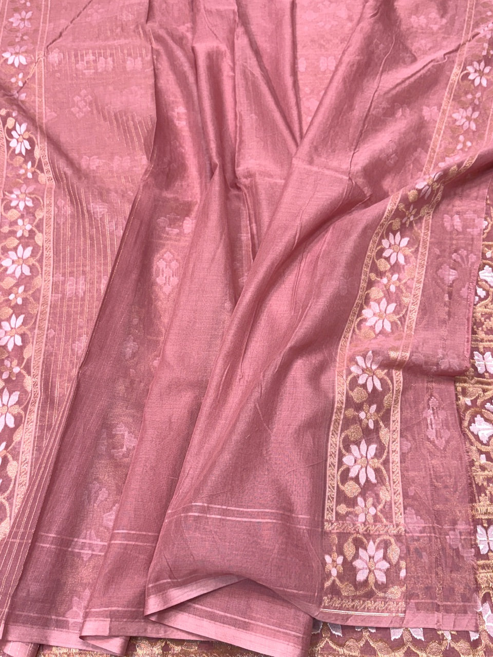 Peach Pure Muslin Cotton Jamdani Saree