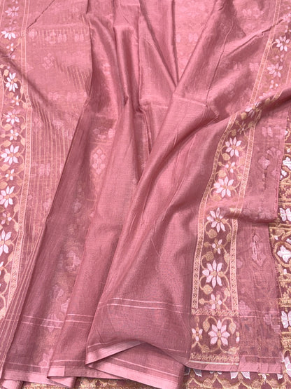 Peach Pure Muslin Cotton Jamdani Saree