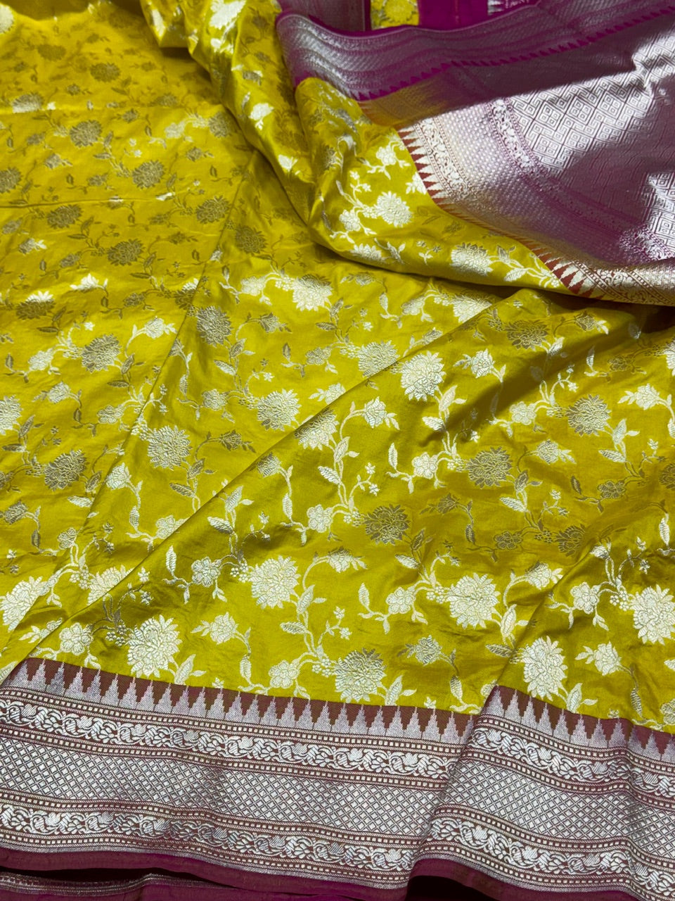 Yellow Silk Silver Zari Saree