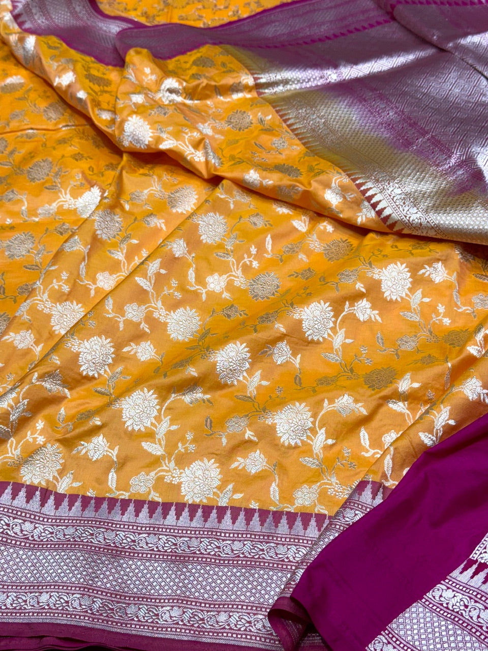 Yellow Pure Silk Silver Zari Saree