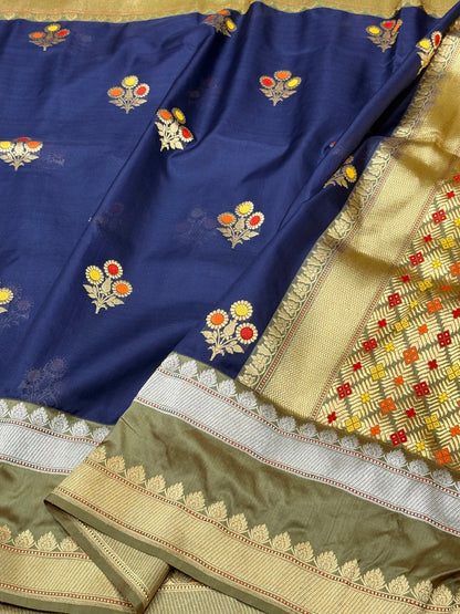Navy Blue Handwoven Pure Ektara Organza Saree