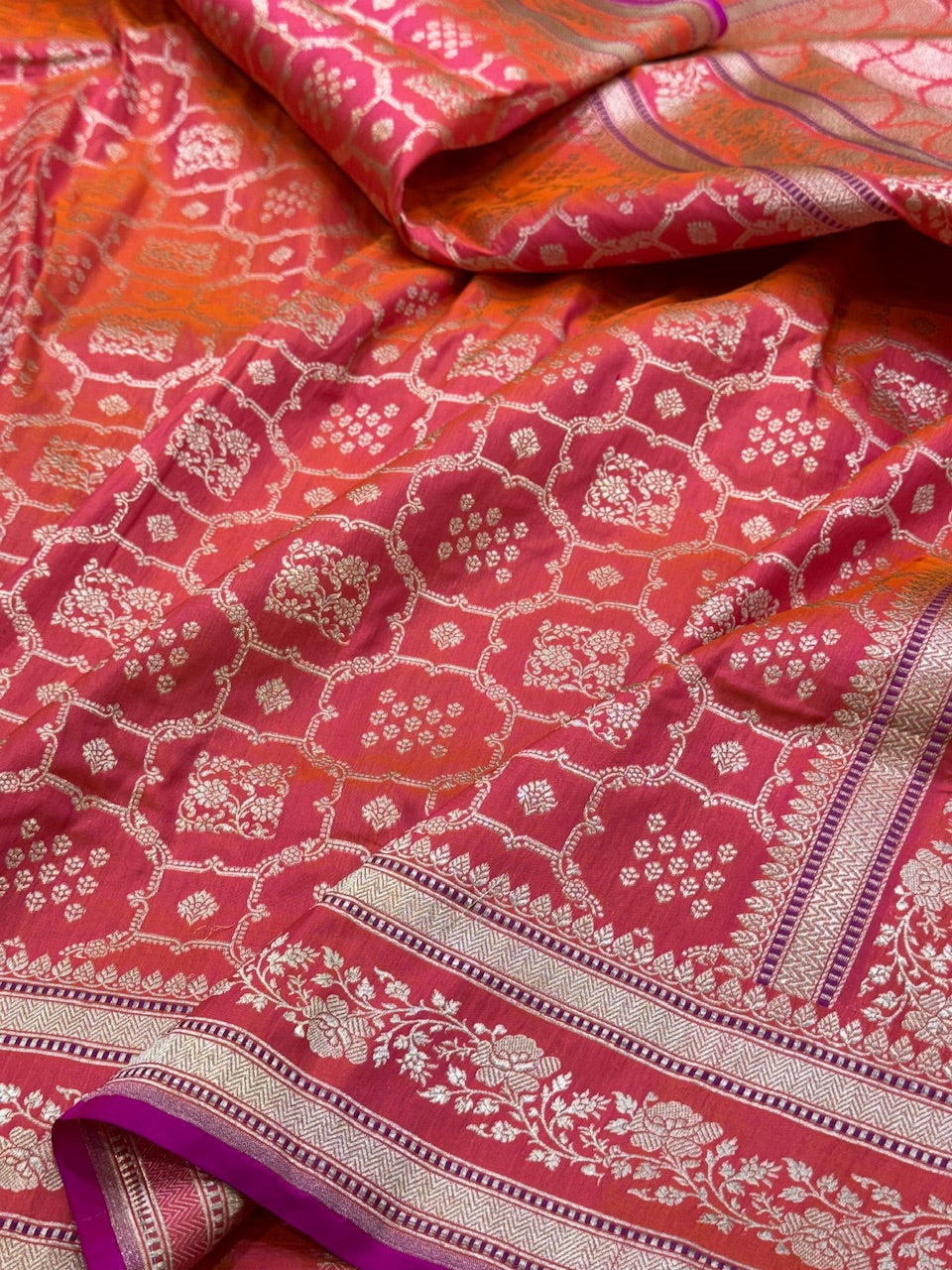 Orangish  Pink Pure Silk Saree