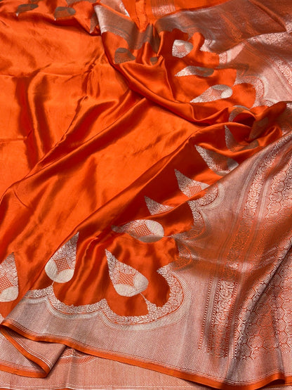 Orange Handwoven Pure Banarasi Mashru Silk Saree