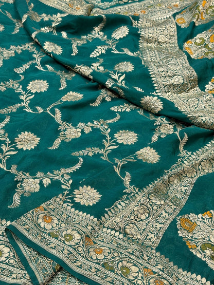 Teal green Pure Chiffon Georgette Saree
