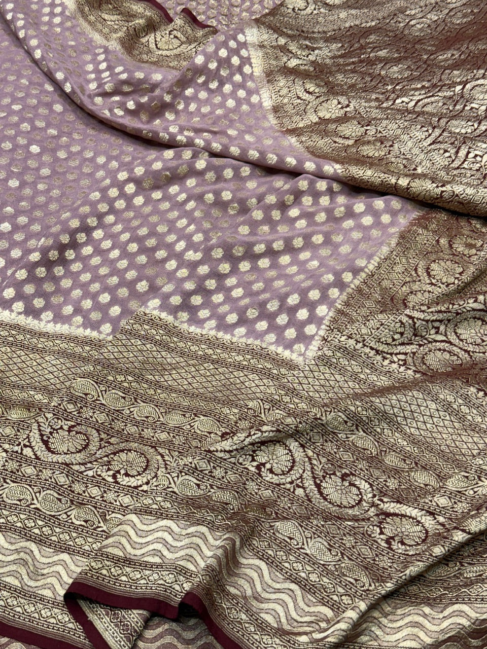 Lilac / Brown Pure Chiffon Georgette Saree