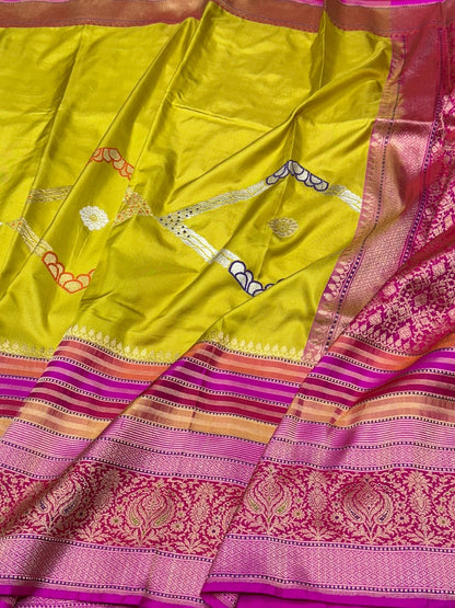 Mehndi Yellow Handwoven Ektara Pure Silk Saree