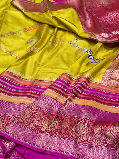 Mehndi Yellow Handwoven Ektara Pure Silk Saree