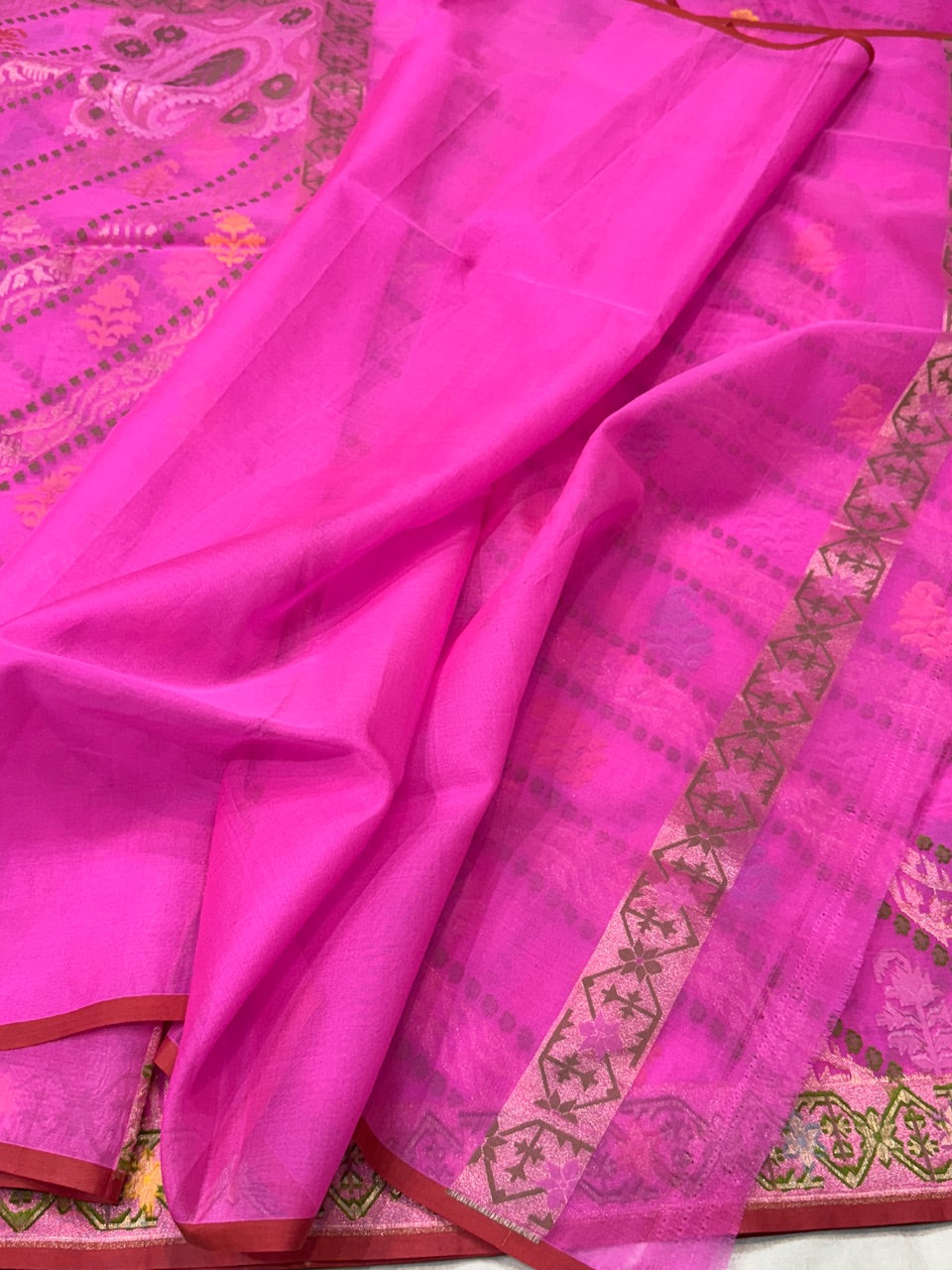 Hot pink Pure Kora Jamdani Saree