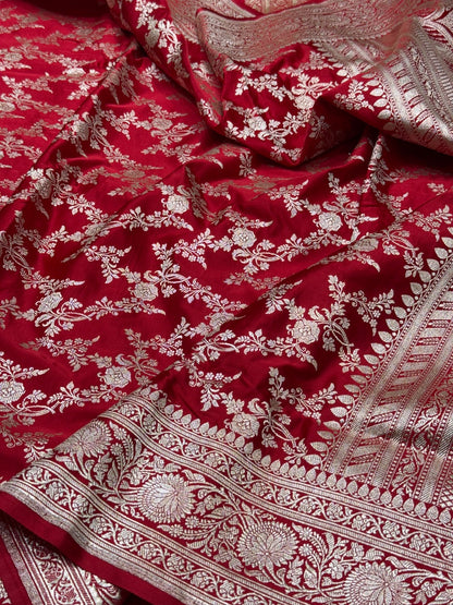 Red Handwoven Vintage Pure Banarasi Satin Silk Saree
