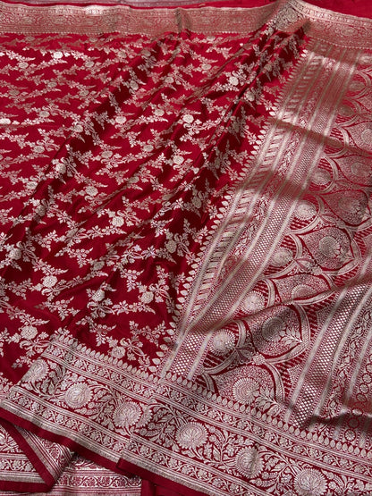 Red Handwoven Vintage Pure Banarasi Satin Silk Saree