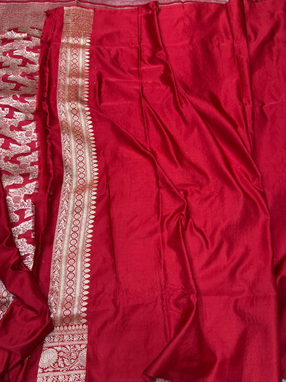 Red Handwoven Vintage Pure Banarasi Satin Silk Saree