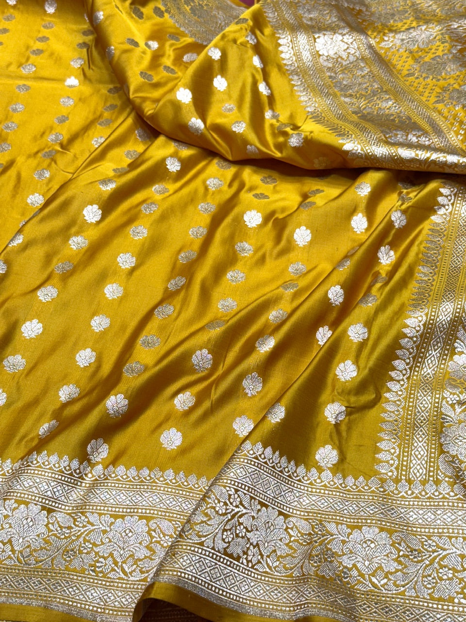 Yellow Handwoven Vintage Pure Banarasi Satin Silk Saree