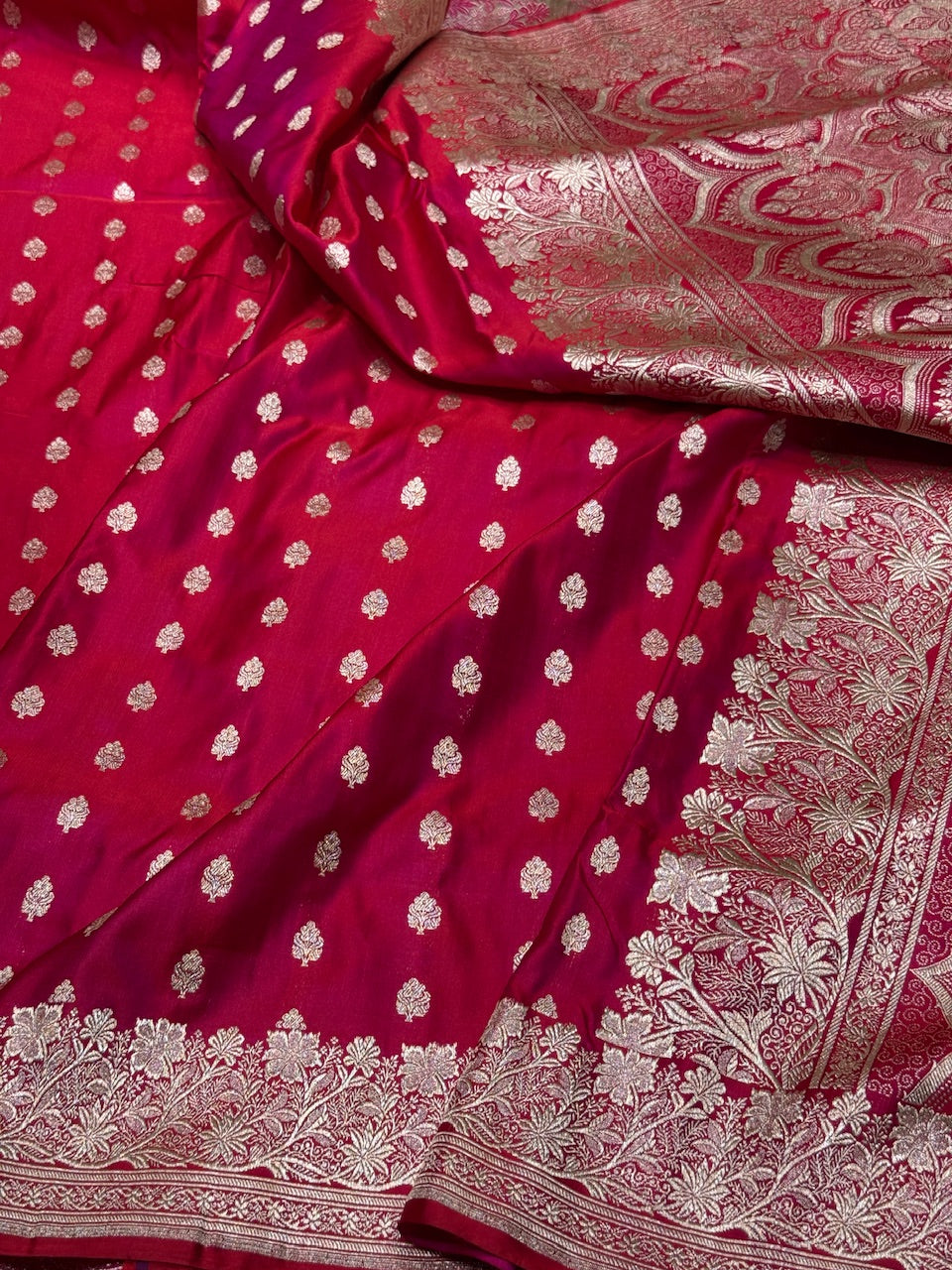 Red Handwoven Vintage Pure Banarasi Satin Silk Saree