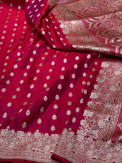 Red Handwoven Vintage Pure Banarasi Satin Silk Saree