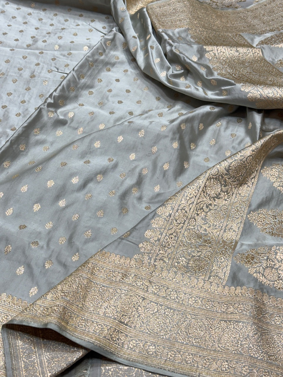 Ash Grey Handwoven Vintage Pure Banarasi Satin Silk Saree