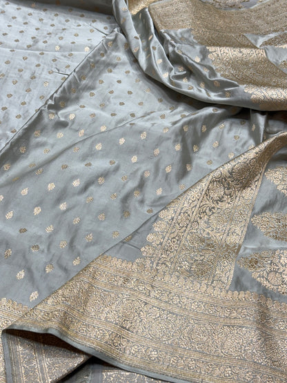 Ash Grey Handwoven Vintage Pure Banarasi Satin Silk Saree