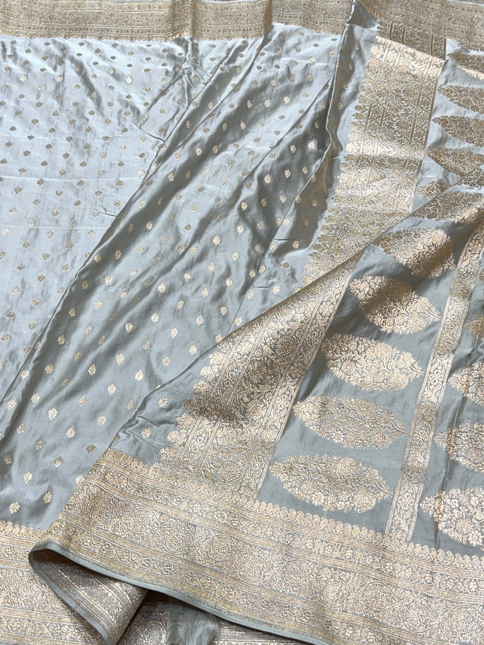 Ash Grey Handwoven Vintage Pure Banarasi Satin Silk Saree