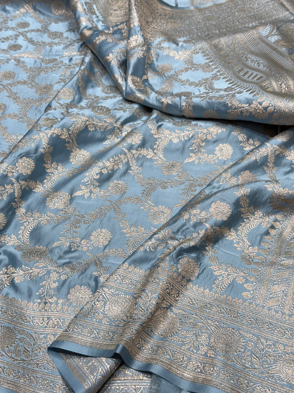 Bluish Grey Handwoven Vintage Pure Banarasi Satin Silk Saree