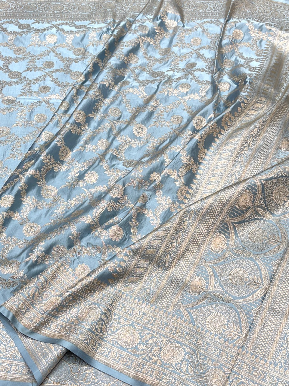 Bluish Grey Handwoven Vintage Pure Banarasi Satin Silk Saree